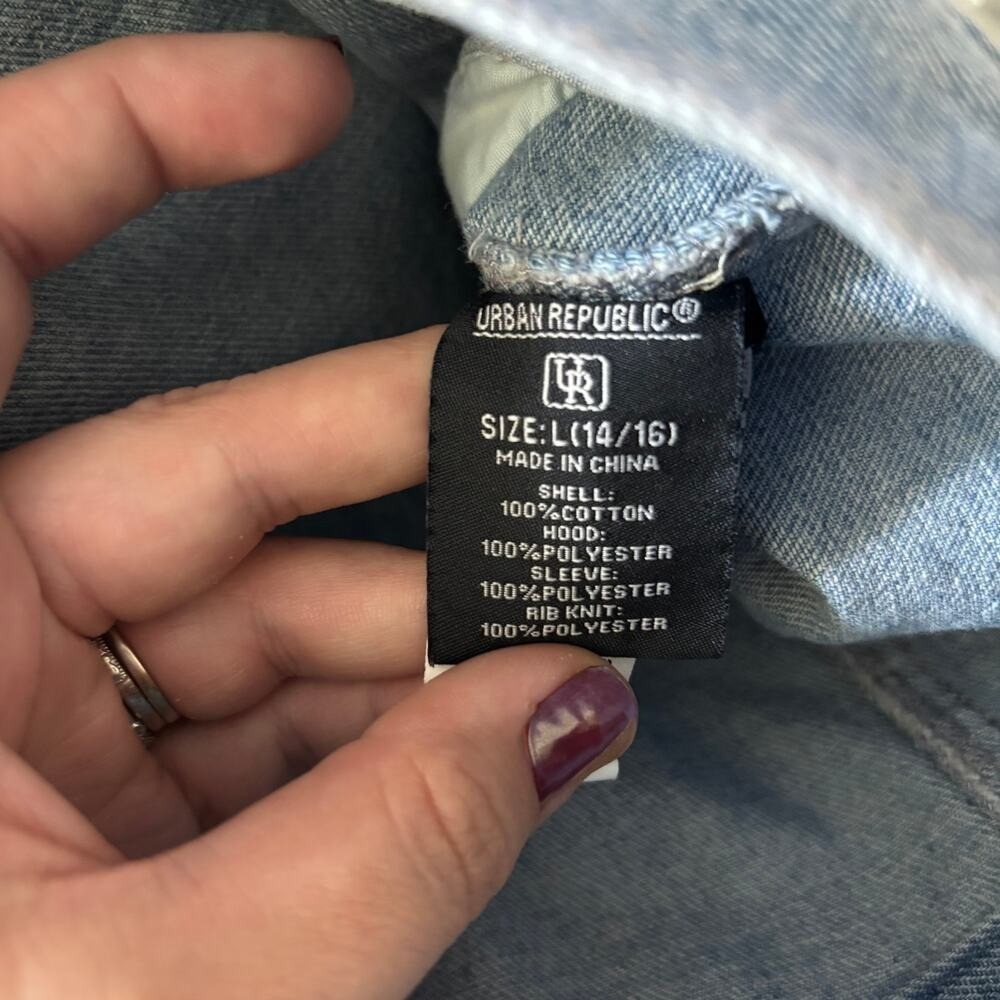 Urban Republic Kids Blue Denim Hybrid Hoodie Jacket Gray Moto Sleeves Size 14/16 - Picture 8 of 8